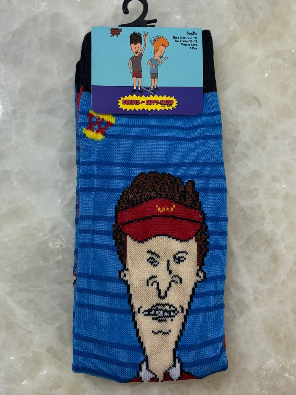 MTV Beavis and Butt-Head Blue Striped Crew Socks with Red Visor Graphic